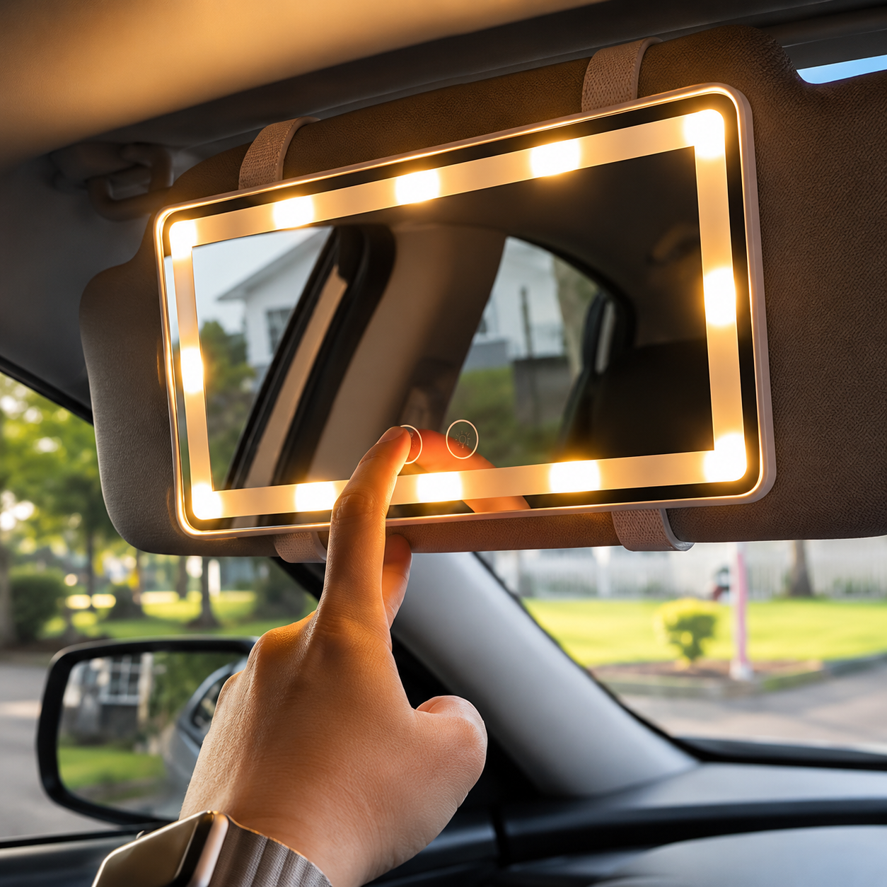 GlowMirror® | Espejo LED Premium para Visera de Coche — 3 Niveles de Iluminación · Recarga USB