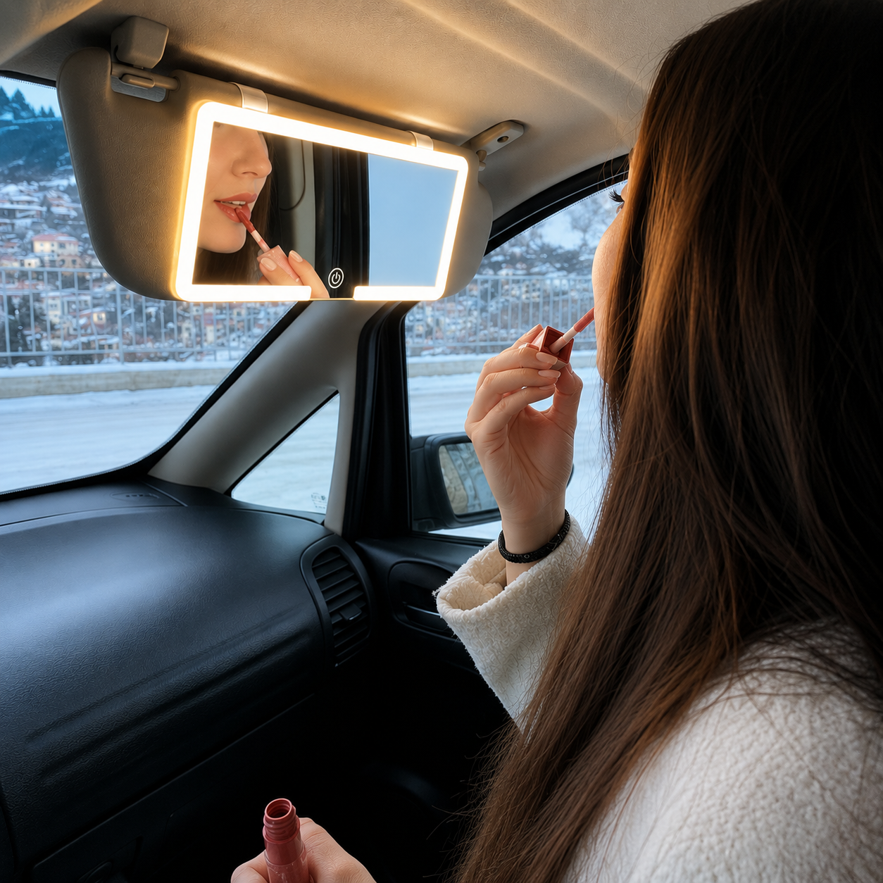 GlowMirror® | Espejo LED Premium para Visera de Coche — 3 Niveles de Iluminación · Recarga USB