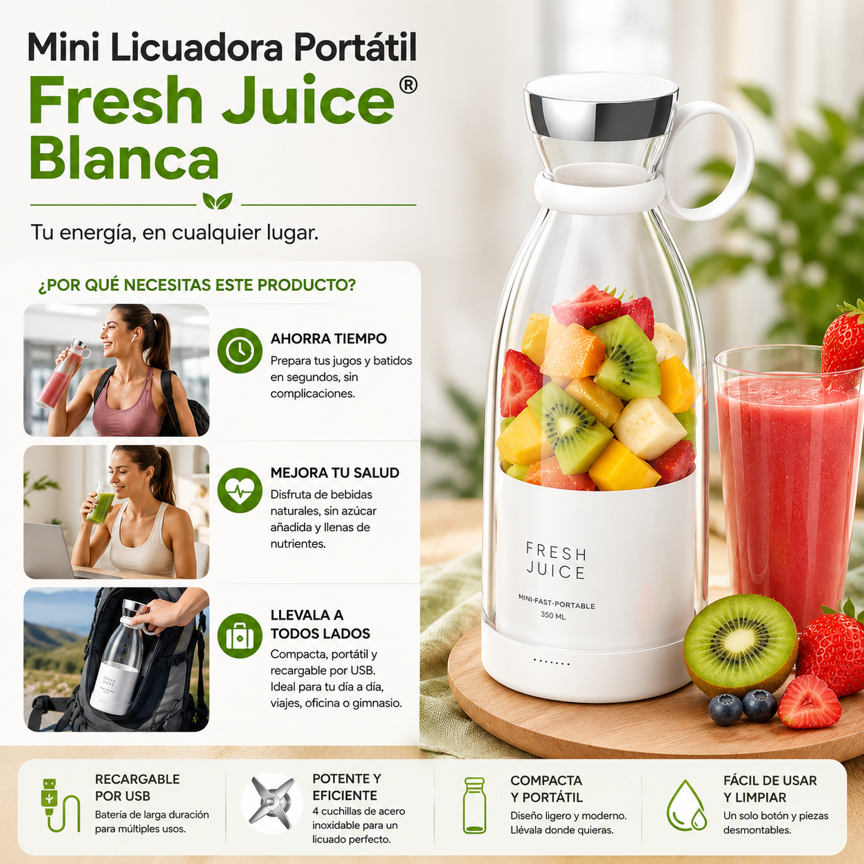 Mini Licuadora Portátil Blanca Fresh Juice®